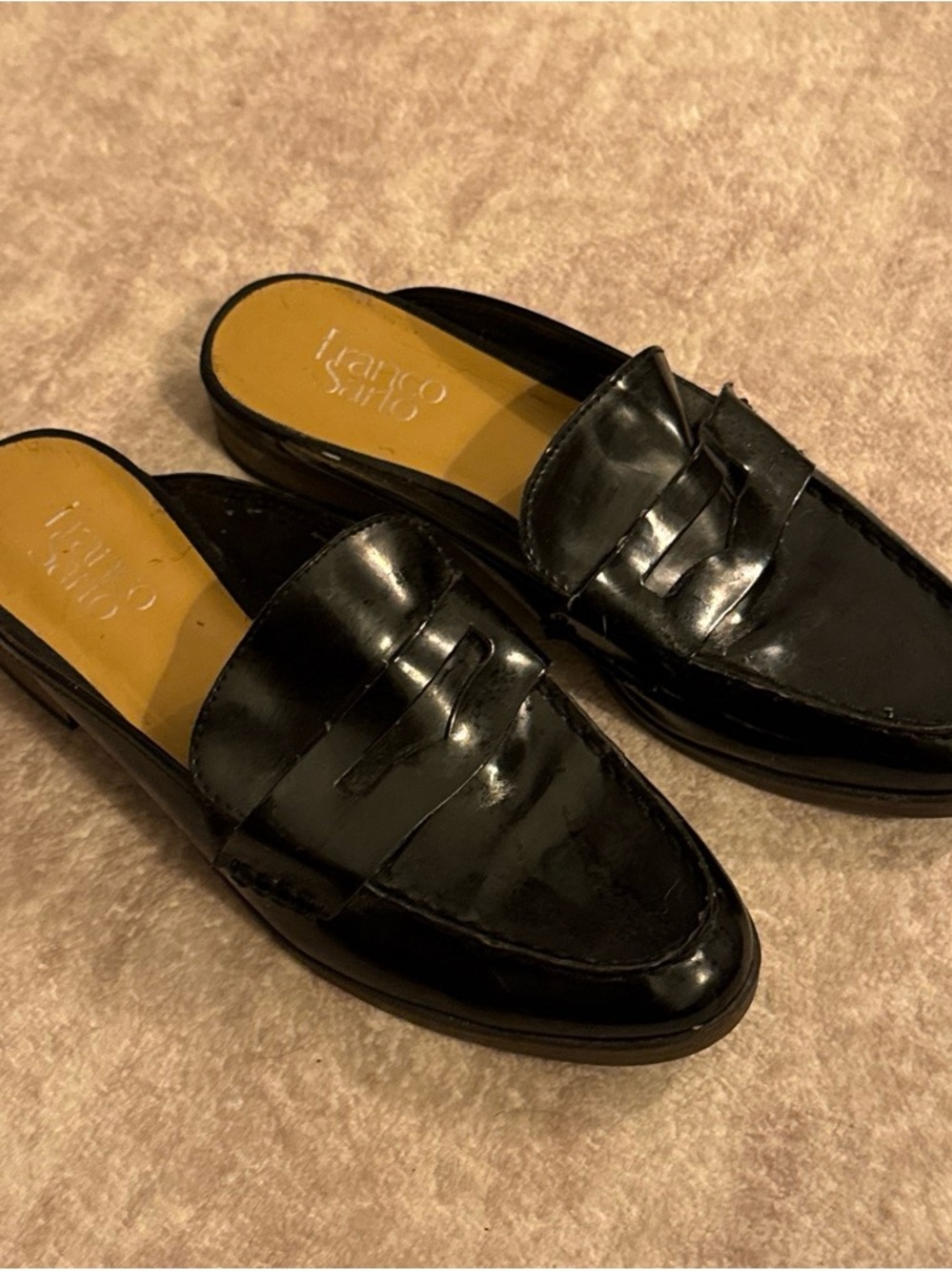 Franco Sarto Black Patent Leather Slip-On Penny Loafers